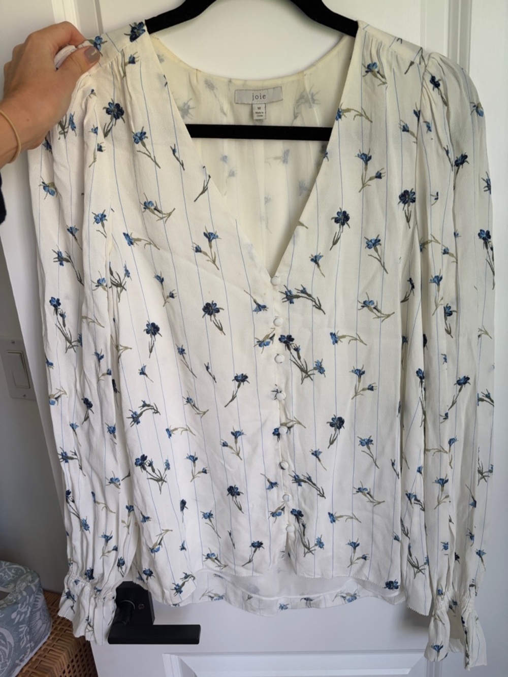 Joie Cream V-Neck Button-Front Blouse with Blue Floral Print